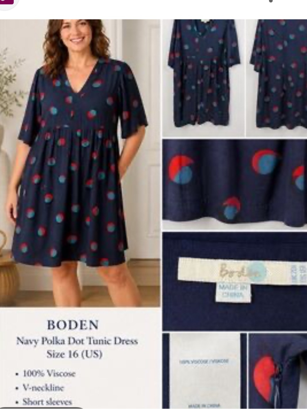 Boden Navy Tunic Dress with Red and Teal Polka Dots, size 16